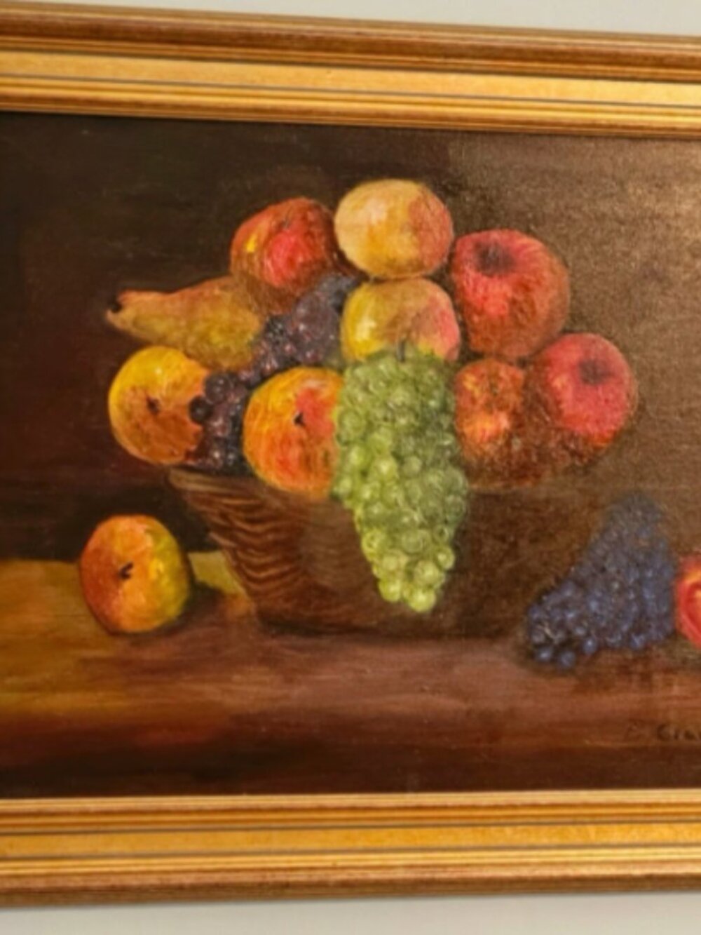 Framed still-life painting, dimensions 29.5 x 26 inches.